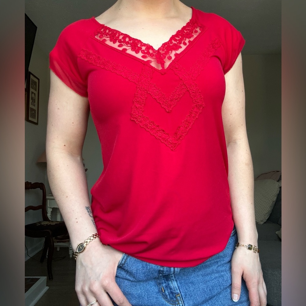 Y2K 7th Avenue New York Red Lace Accent Blouse